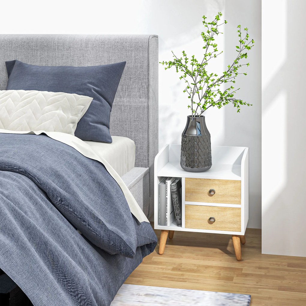 HOMCOM Noptieră cu 2 sertare mari, 1 raft deschis și picioare înalte din pin, design nordic, 43x30x49 cm | Aosom Romania