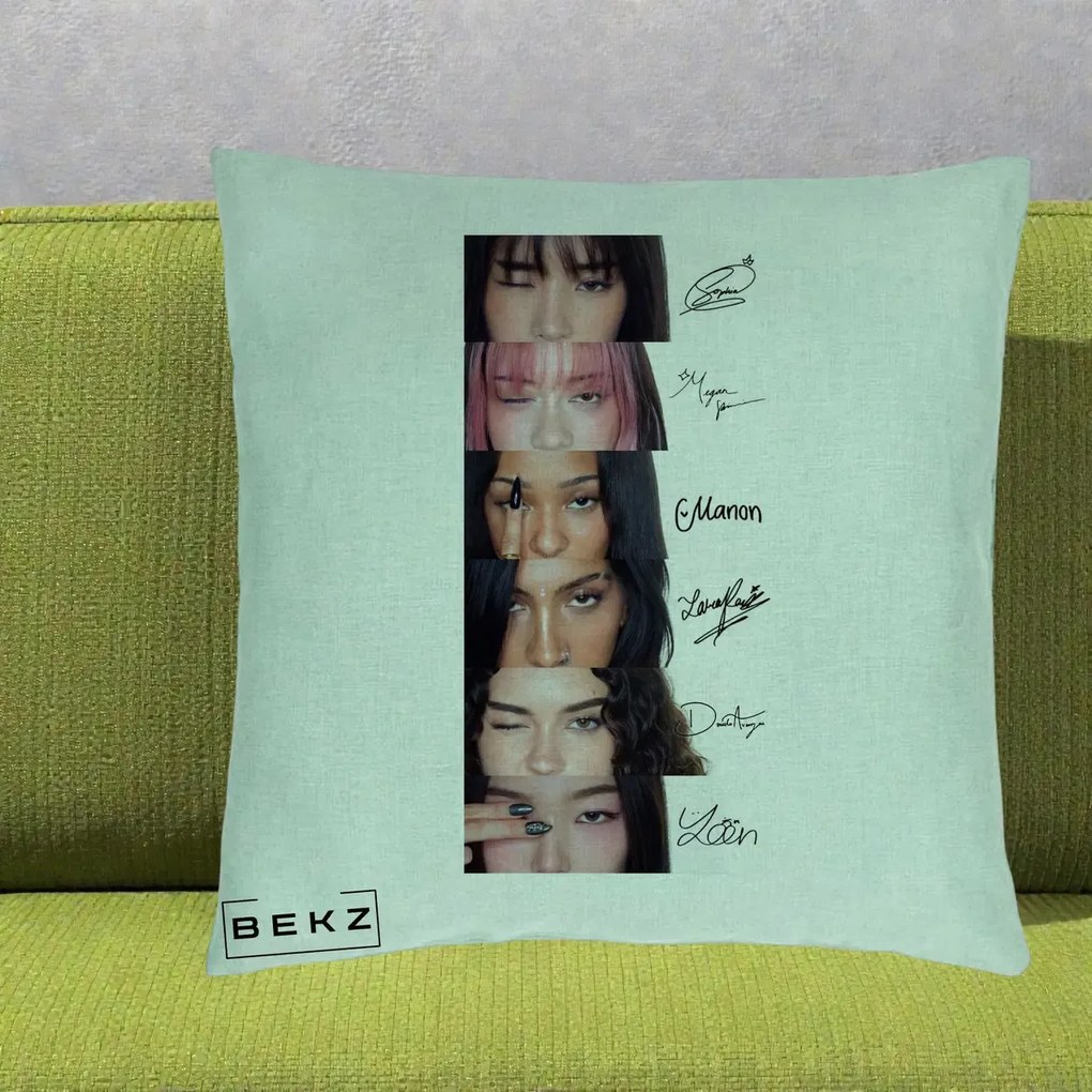 Perna Personalizata K-pop KATSEYE Semnaturi fara Foto, 40x40 cm, Verde Menta, Husa Detasabila, Perna Inclusa, BEKZ®