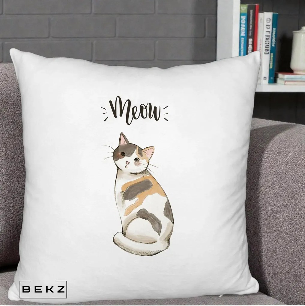 Perna Personalizata Pisica Meow Acuarela, 40x40 cm, Alb Pufos, Husa Detasabila, Perna Inclusa, BEKZ®