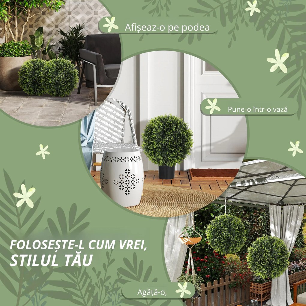 HOMCOM Set de 2 Plante Artificiale Sferice de Cedru, Plante Fictive Anti-UV, Ø45 cm, Verde | Aosom Romania
