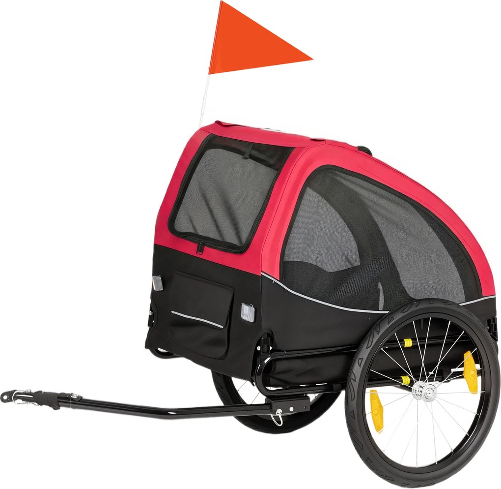 PawHut Remorcă pliabilă pentru câini cu reflectoare, ferestre din plasă, roți, ușă și steag de siguranță pentru câini până la 20 kg 138x70x89 cm Roșu | Aosom Romania