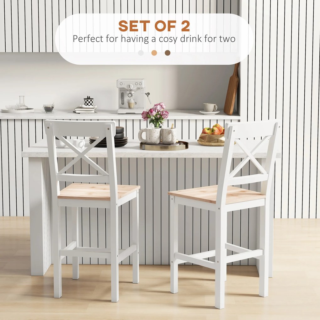 HOMCOM Set de 2 Taburete de Bar, Taburete de Bucătărie Înaltă cu Spătar Înalt, Suporturi pentru Picioare, din Lemn de Pin, Natural și Alb | Aosom Romania