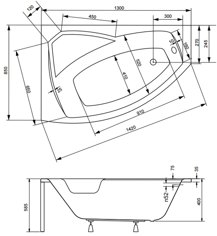 Cada baie asimetrica cu sezut, acril, 130 x 85 cm, orientare stanga, Besco Rima 1300x850 mm, Stanga