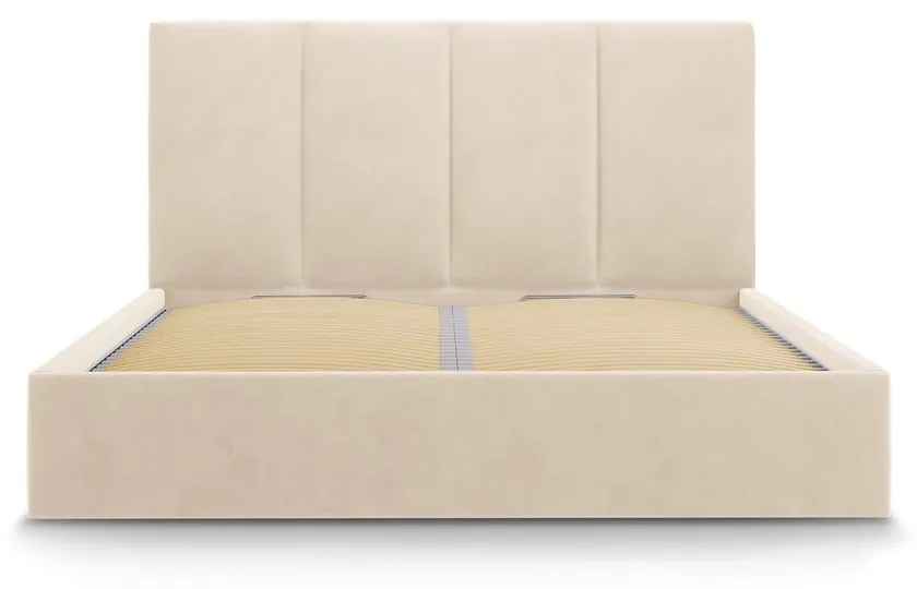 Pat matrimonial 160x200 cm bej tapițat cu spațiu de depozitare cu somieră Juniper – Mazzini Beds