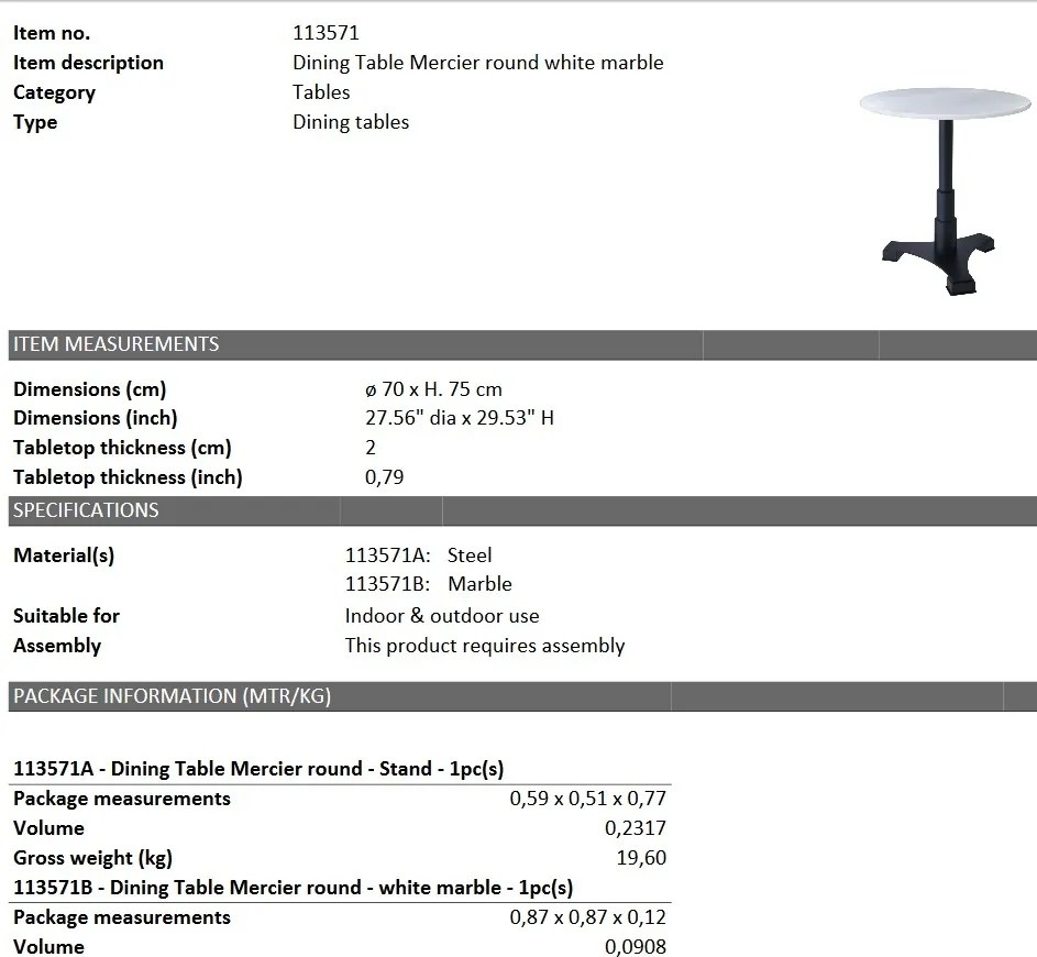 Masa pentru interior si exterior, design LUX Mercier Round, 70cm 113571 HZ
