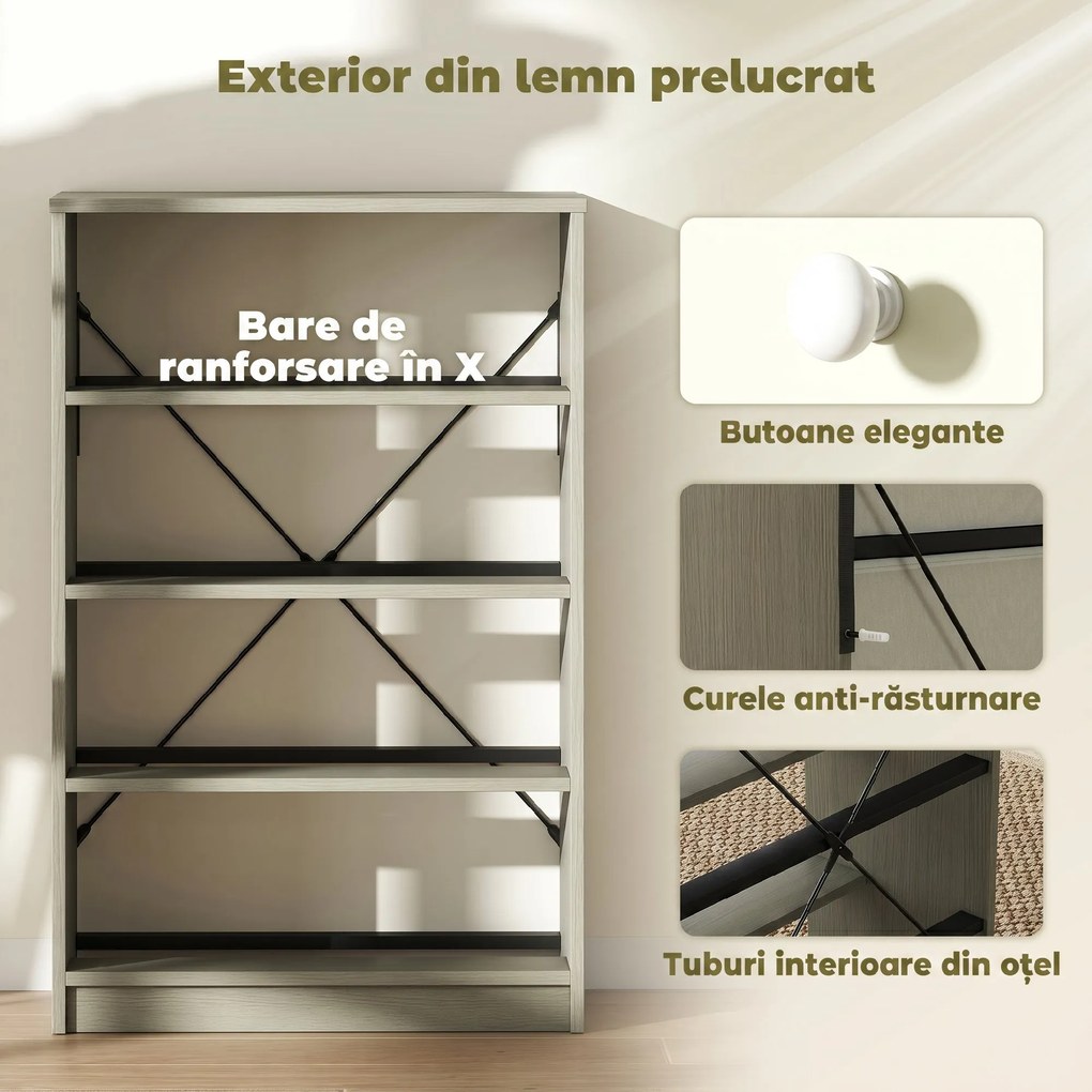 HOMCOM Comodă Modernă cu 4 Sertare Pliabile 58x30x91 cm, Alb și Gri | Aosom Romania