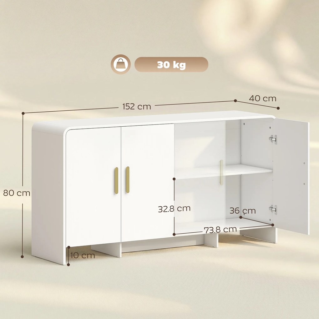 HOMCOM Bufet de Bucătărie cu 4 Rafturi 4 Uși cu Închidere Silențioasă Mobilier pentru TV pentru Televizoare de 182,88 cm 152x40x80 cm Alb | Aosom Romania