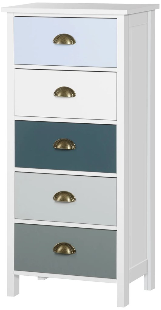 HOMCOM Chiffonnier comodă mobilier de depozitare 5 sertare multicolore cu mânere metal cochilie MDF - dim. 45L x 30l x 95,4H cm | Aosom Romania