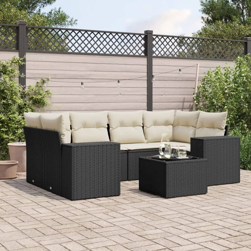 vidaXL Set canapele de grădină cu perne, 7 piese, negru, poliratan