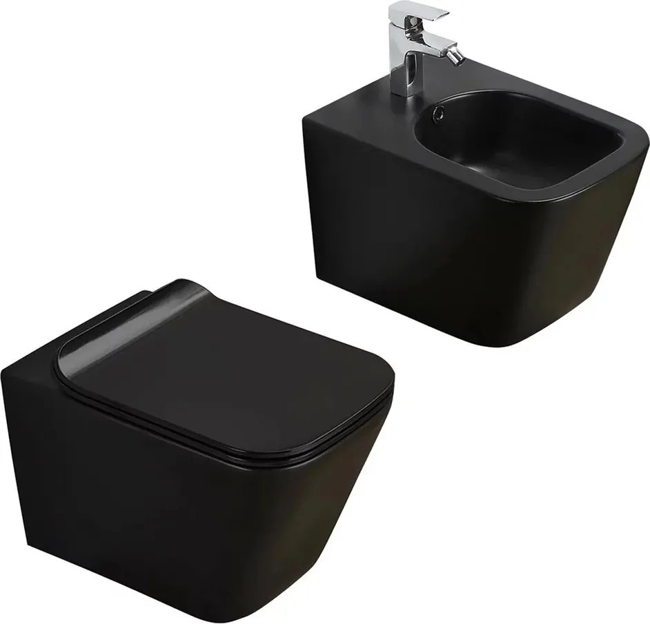 Set vas wc rimless suspendat Fluminia Paris cu capac softclose negru mat + bideu suspendat Fluminia Paris negru mat