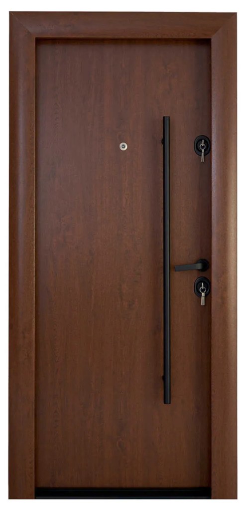 Ușă intrare casă/vilă MDF cu PVC Clasic Exterior 301 Stejar Auriu cu mâner bară Nuc PVC Dreapta