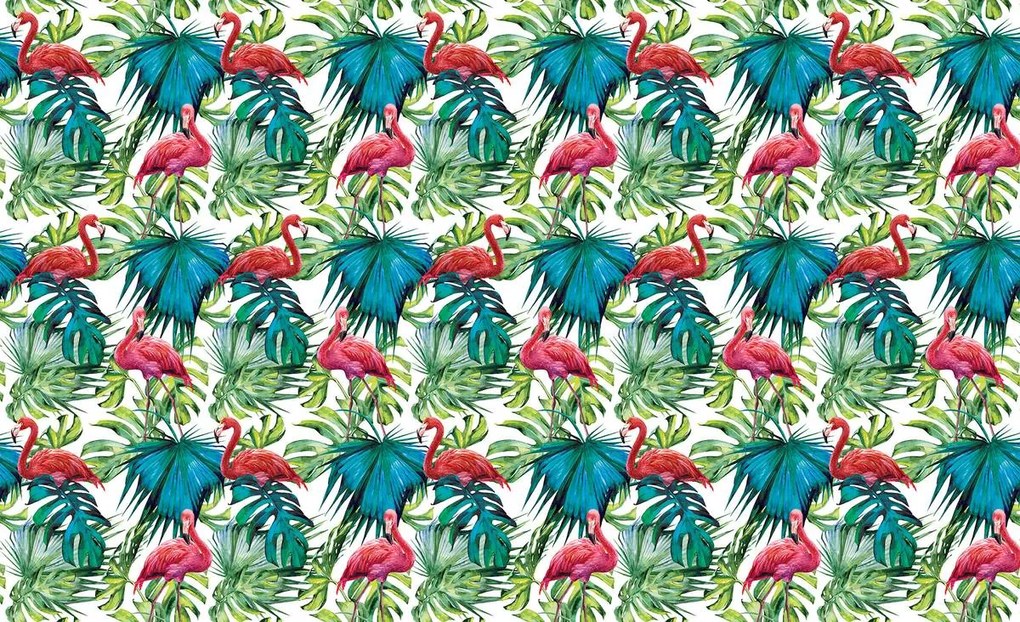 Fototapet - păsări flamingo și frunze (254x184 cm)