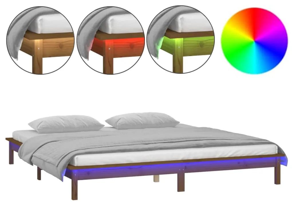 Cadru de pat cu LED dublu 4FT6 maro miere 135x190 cm lemn masiv maro miere, 135 x 190 cm