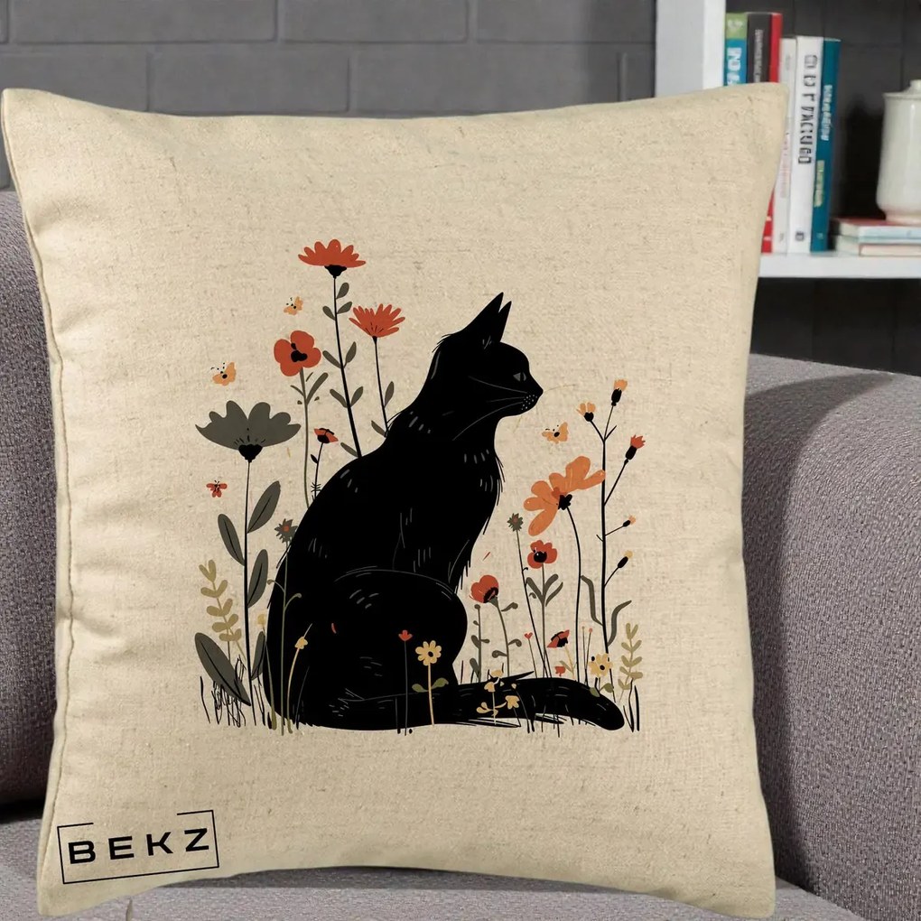 Perna Decorativa Pisica Neagra Profil Flori Portocalii, 40x40 cm, Bej, Husa Detasabila, Perna Inclusa, BEKZ®