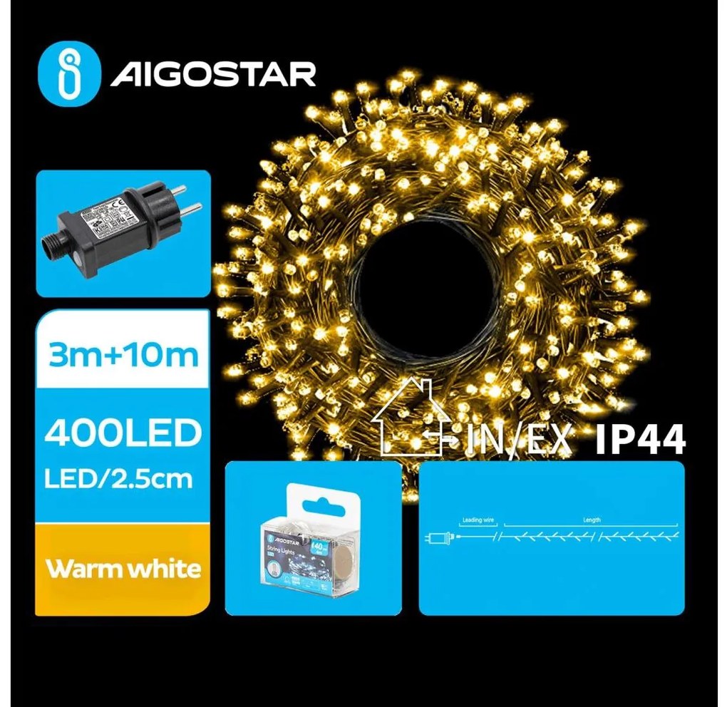 Instalație LED de Crăciun de exterior Aigostar 400xLED/8 funcții 13m IP44 alb cald