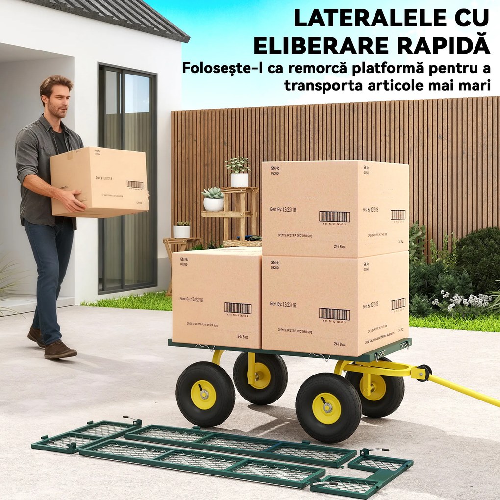 Outsunny Cărucior de Grădină Robust, Remorcă din Oțel cu Pereți Laterali Detașabili, Convertibil în Platformă, Roți de 25cm, Mâner Rotativ la 180°, Capacitate 200 kg, pentru Plajă, Peluză și Grădină, Verde | Aosom Romania