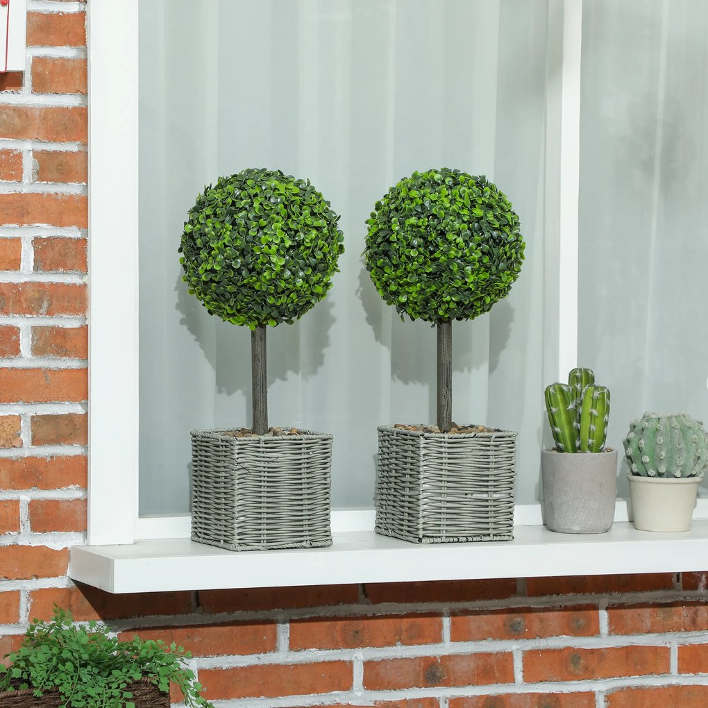 HOMCOM Set de 2 plante artificiale decorative, bile de buxus artificial 50 cm cu ghiveci din plastic împletit și pietre, verde | Aosom Romania