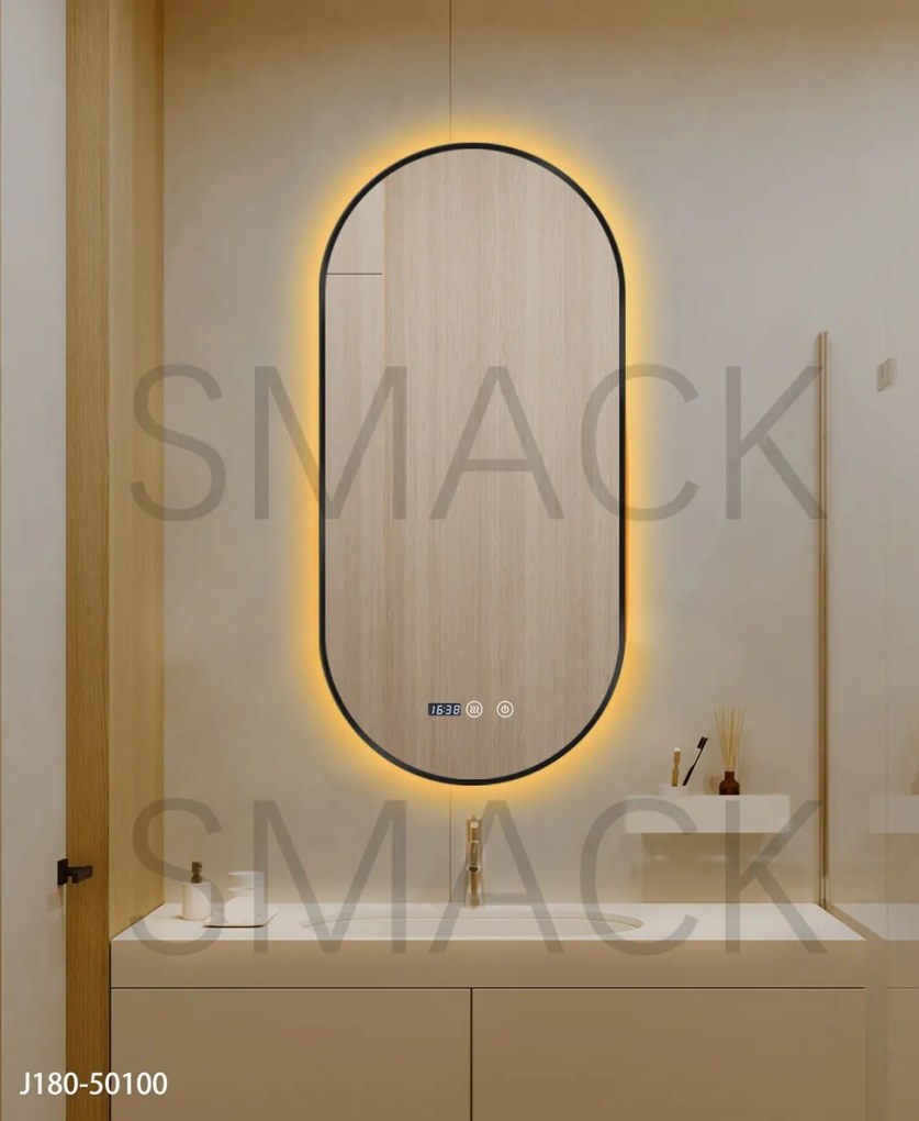 Oglindă LED Touch Premium, Dezaburire, Rama Negra, 3 Tipuri Lumină 50/100 cm