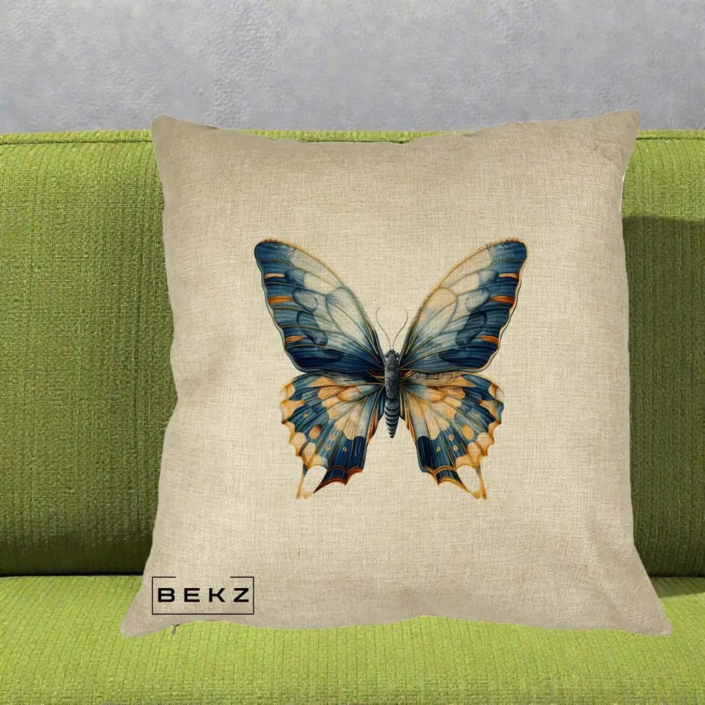 Perna Decorativa Fluture Albastru Auriu Elegant, 40x40 cm, Crem, Husa Detasabila, Perna Inclusa, BEKZ®