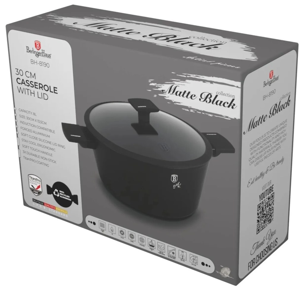 Oală cu capac 30 cm, 8 L Berlinger Haus Matte Black Collection BH 8190, înveliș titan, aspect elegant, curățare ușoară