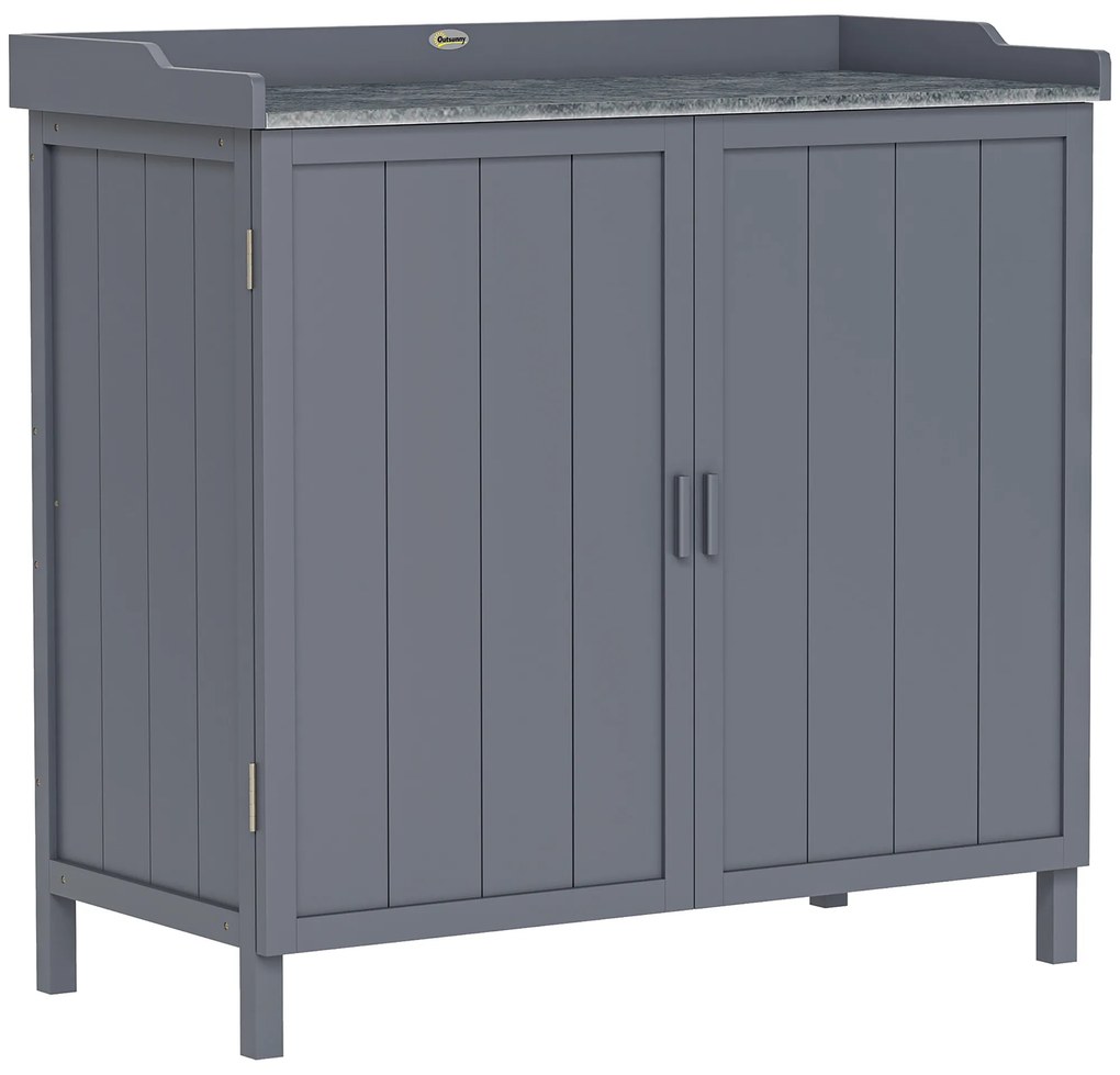 Outsunny Dulap pentru Exterior din Lemn de Brad cu Blat de Lucru din Metal Zincat si 2 Rafturi pentru Scule, 98x48x95.5 cm, Gri | Aosom Romania