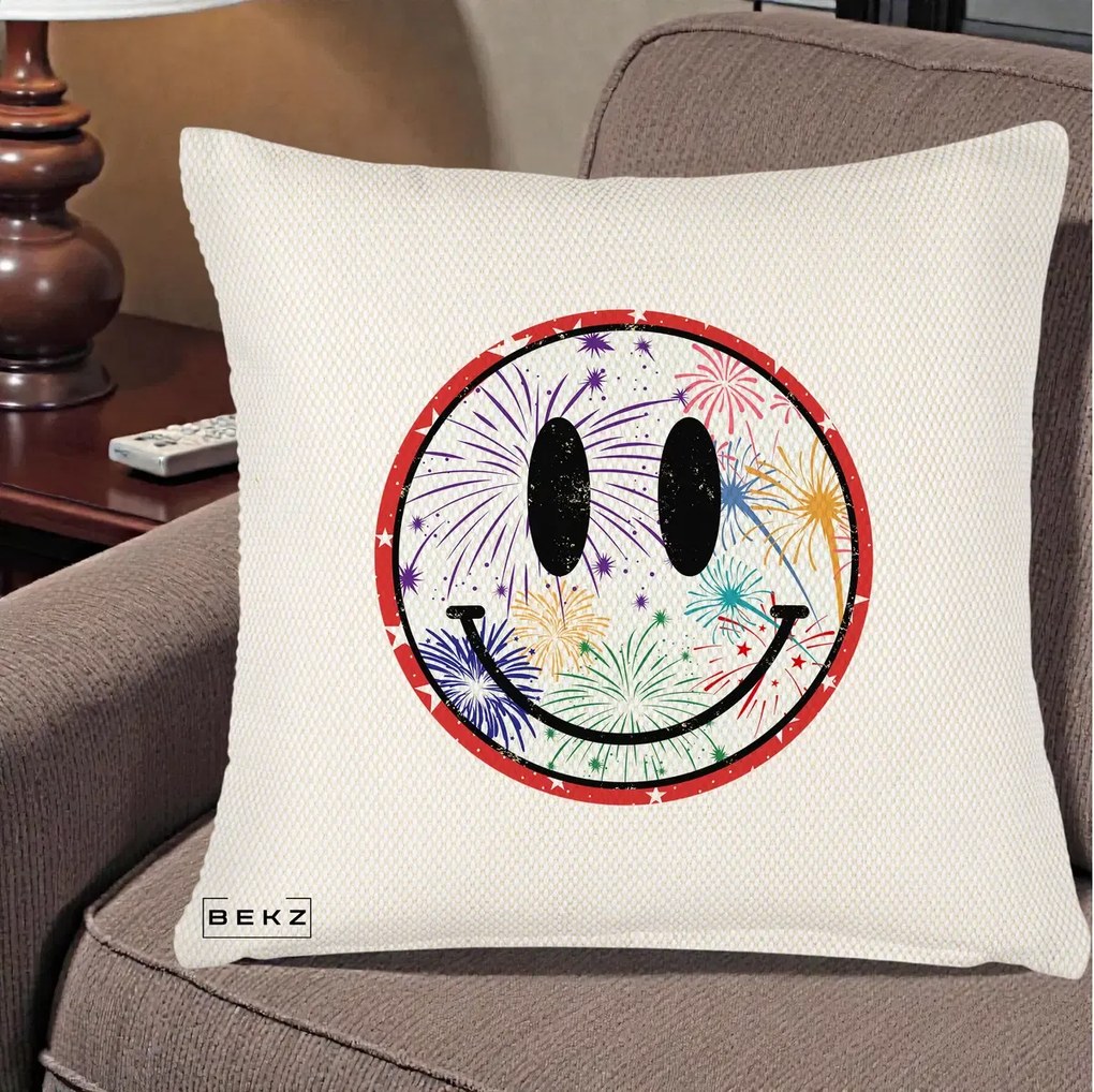 Perna decorativa Smiley Face cu Artificii Multicolore, 45x45 cm cu Umplutura, Crem Reliefat, BEKZ