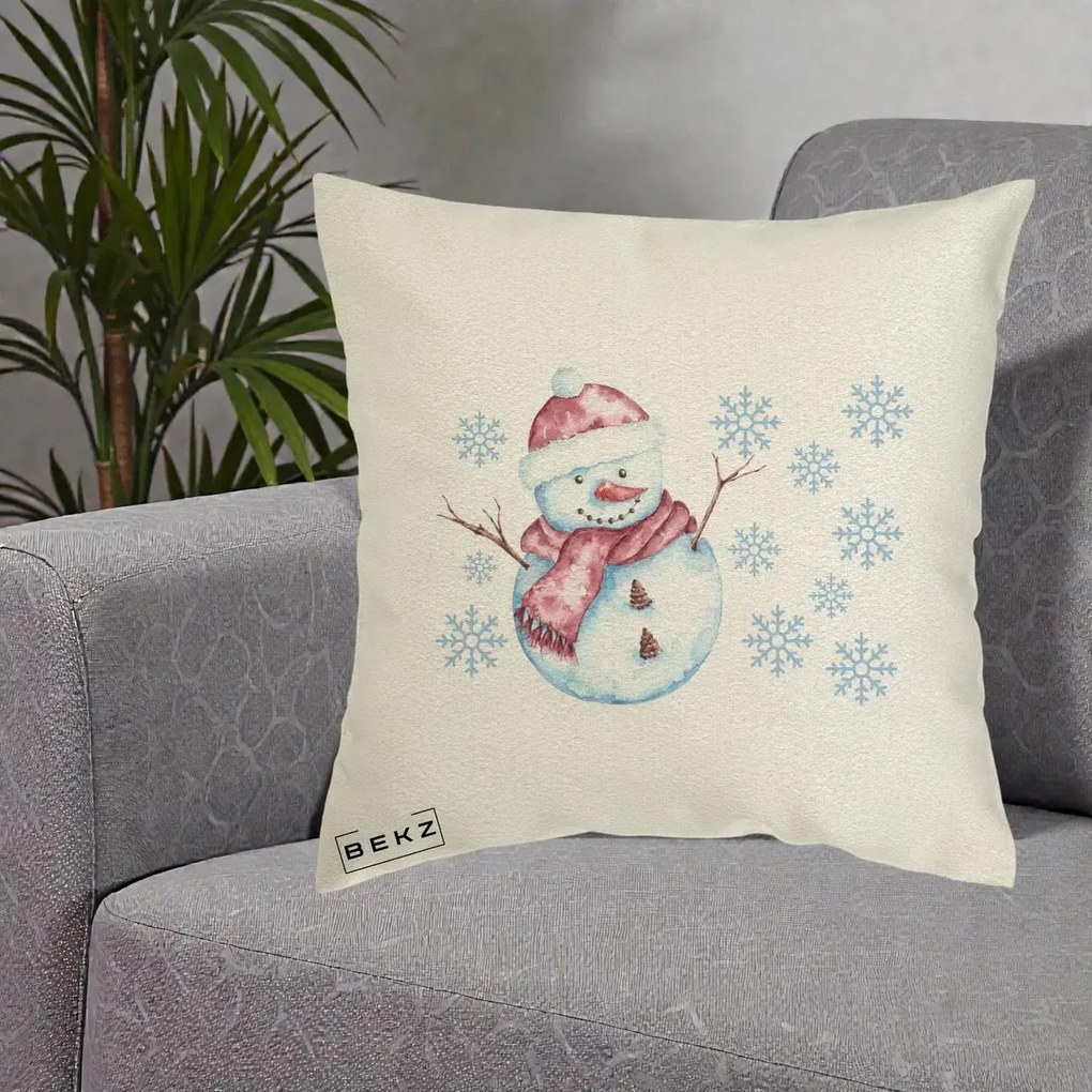 Perna Decorativa Om de Zapada Rosu cu Fulgi, 40x40 cm, Ecru, Husa Detasabila, Perna Inclusa, BEKZ®