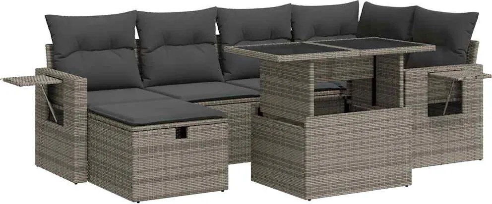 vidaXL Set canapele de grădină, 7 piese, cu perne, gri, poliratan