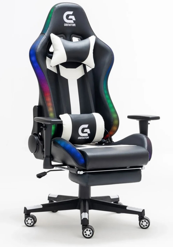 Scaun gaming, Masaj in 7 puncte, sistem iluminare bandă LED RGB, boxe Bluetooth, masaj în perna lombară, sezut benzi elastice sustinere, funcție șezlong, 90-180 grade, suport picioare, Negru/Alb