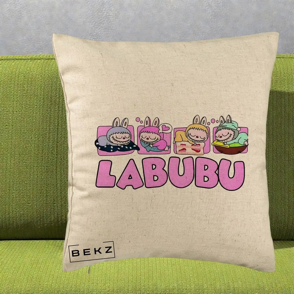 Perna Personalizata Labubu Sleeping Quad, 40x40 cm, Bej, Husa Detasabila, Perna Inclusa, BEKZ®