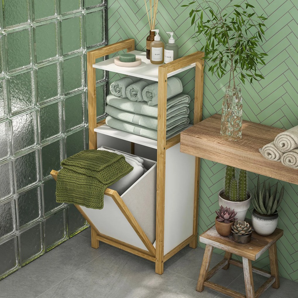 HOMCOM Mobilier pe picioare din bambus coș pentru rufe baie economisire de spațiu, 2 rafturi, dim. 40L x 30l x 86,5H cm | Aosom Romania