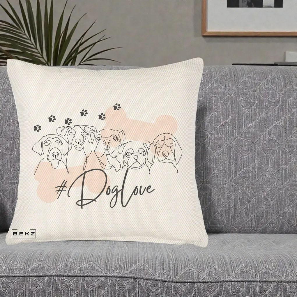 Perna Personalizata Dog Love Linie Minimalista, 40x40 cm, Crem Reliefat, Husa Detasabila, Perna Inclusa, BEKZ®