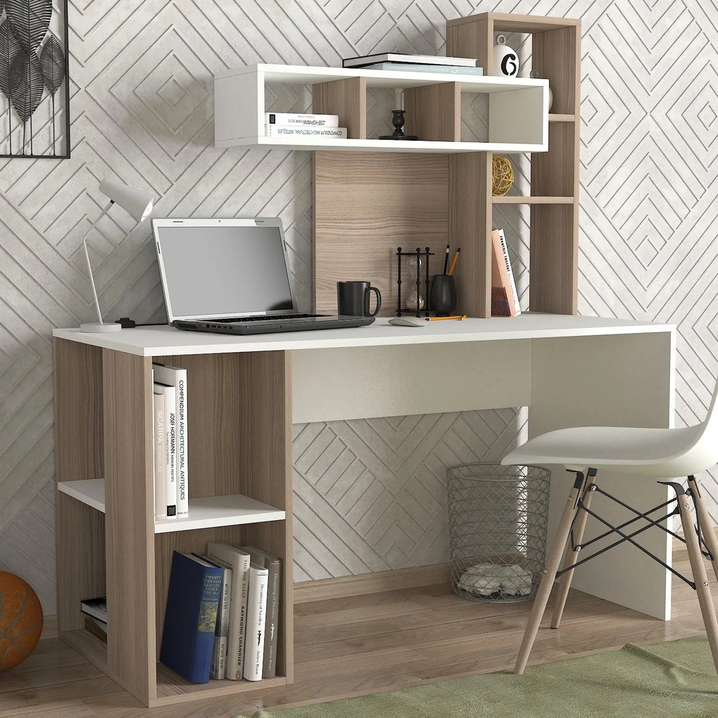 Masă PC Carla (Alb + Maro deschis). Promo -18%. 1071670