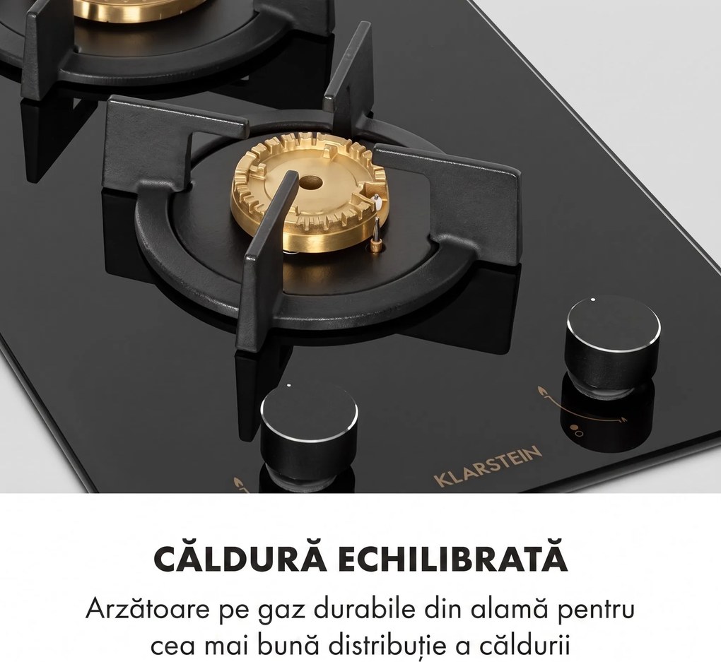 Klarstein Goldflame Domino, plită pe gaz, 2 arzătoare din aramă, ceramică din sticlă