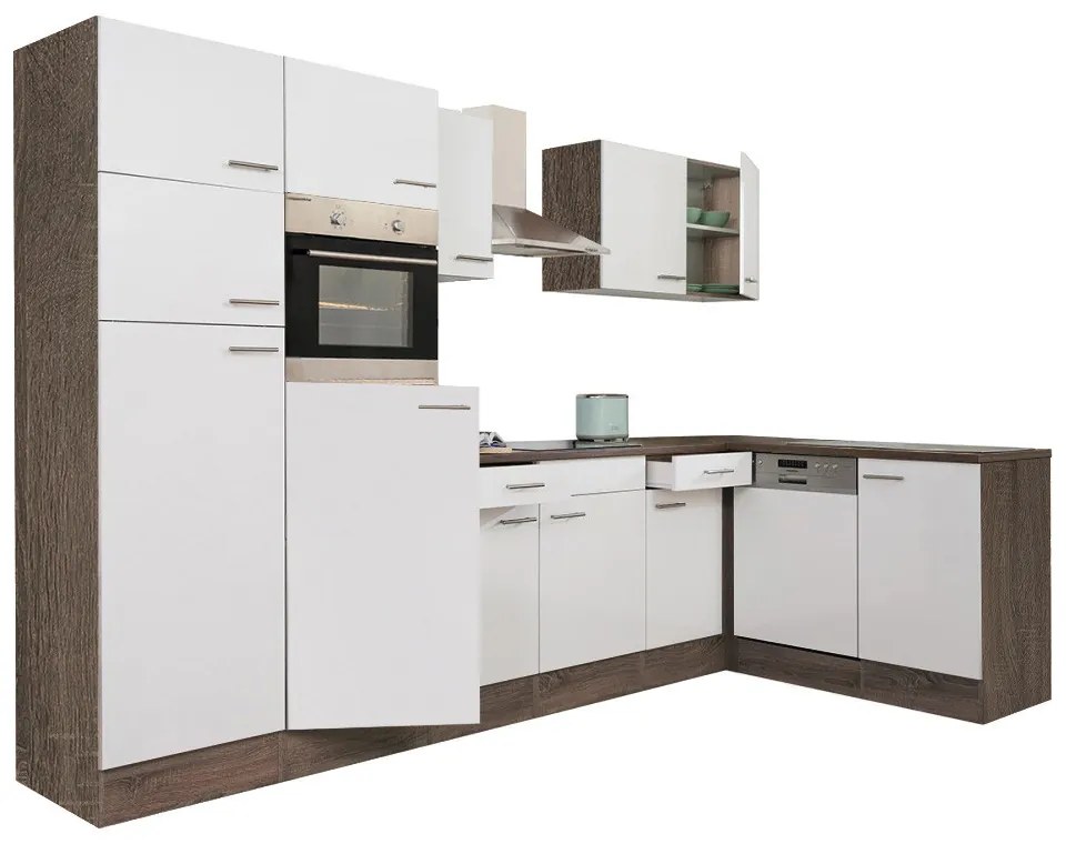 Mobilă de bucătărie de colț Yorki 340, corp din stejar Yorki, cu față alb satinat