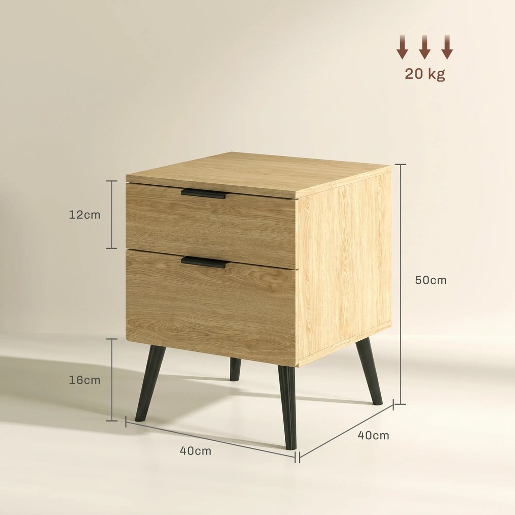 HOMCOM Set de 2 Noptiere cu 2 Sertare pentru Dormitor sau Camera de Zi, 40x40x50 cm, Lemn Natural | Aosom Romania