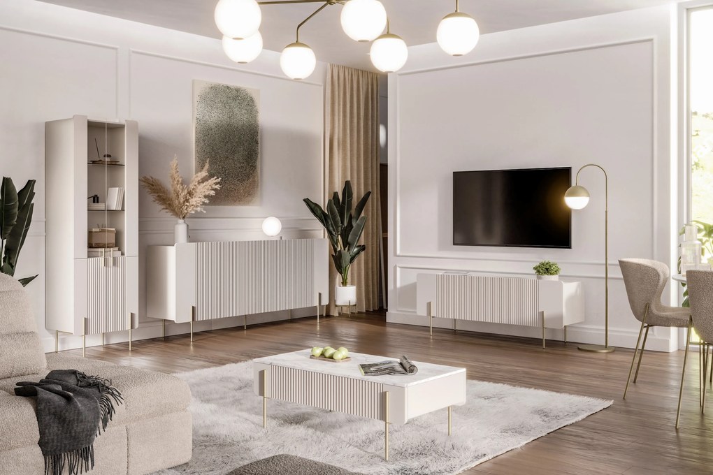 Măsuță de cafea Malmi 100 cm cu sertare - kaszmir / crema bianca / picioare aurii