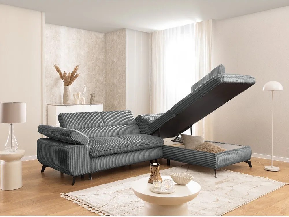 Colțar gri cu tapițerie din catifea reiată (cu colț pe partea dreaptă/în formă de ”L”) Marbeya – Ropez