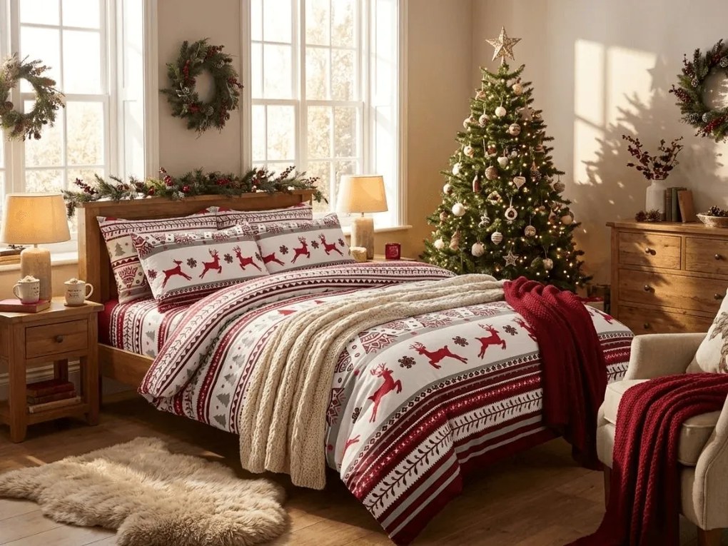 Lenjerie de pat din microfibra alb/rosu, CAPRIOARE