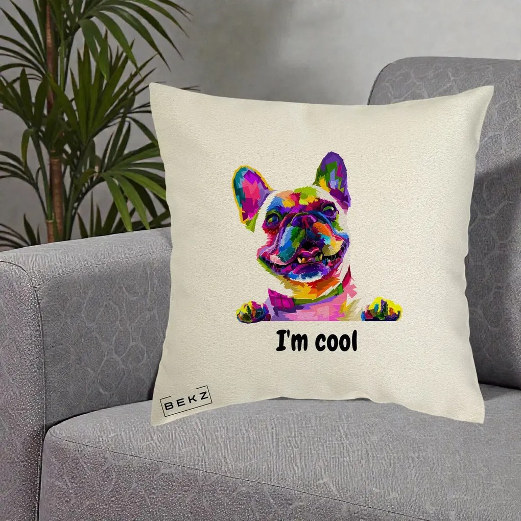 Perna Personalizata Bulldog Francez I'm Cool, 40x40 cm, Ecru, Husa Detasabila, Perna Inclusa, BEKZ®