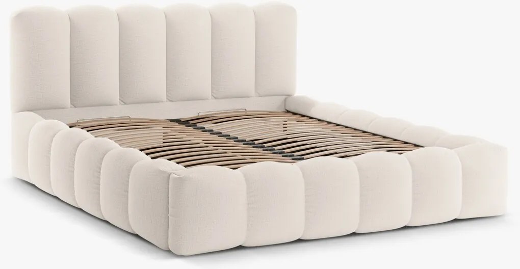 Pat tapitat cu somiera rabatabila si lada depozitare, 180x200 cm, Micadoni Home, Lupine-138, tesatura structurata chenille, bej deschis