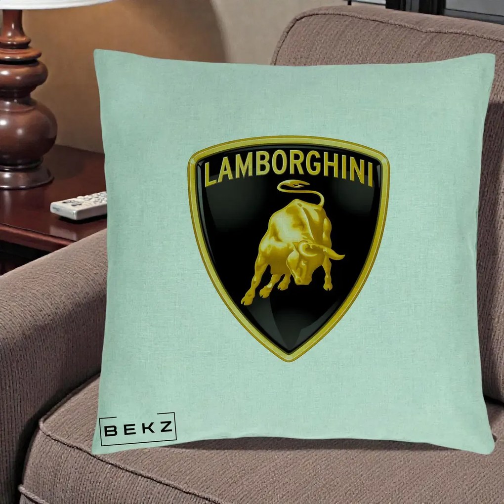 Perna Personalizata cu emblema Lamborghini, 40x40 cm, Verde Menta, Husa Detasabila, Perna Inclusa, BEKZ®
