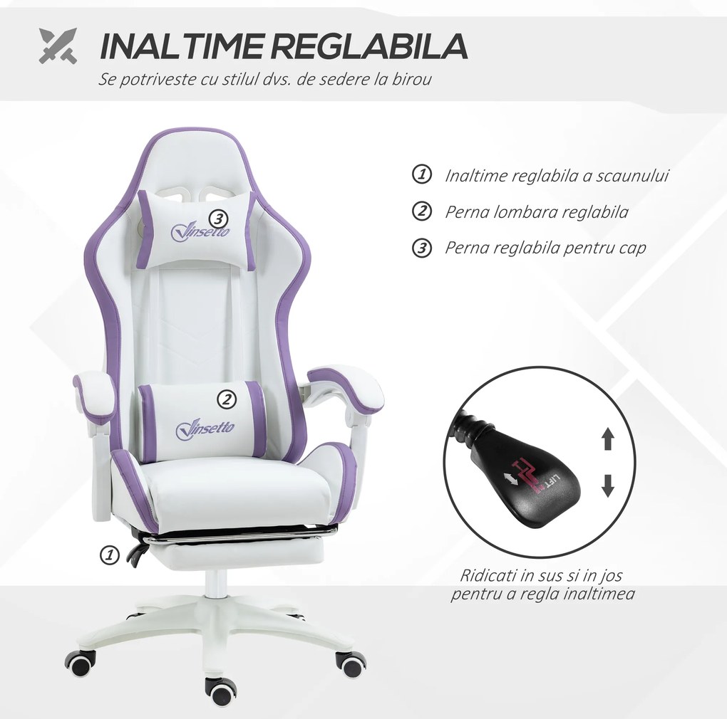 Vinsetto Scaun Gaming Reglabil pe Înălțime cu Tetieră, Alb și Mov | Aosom Romania