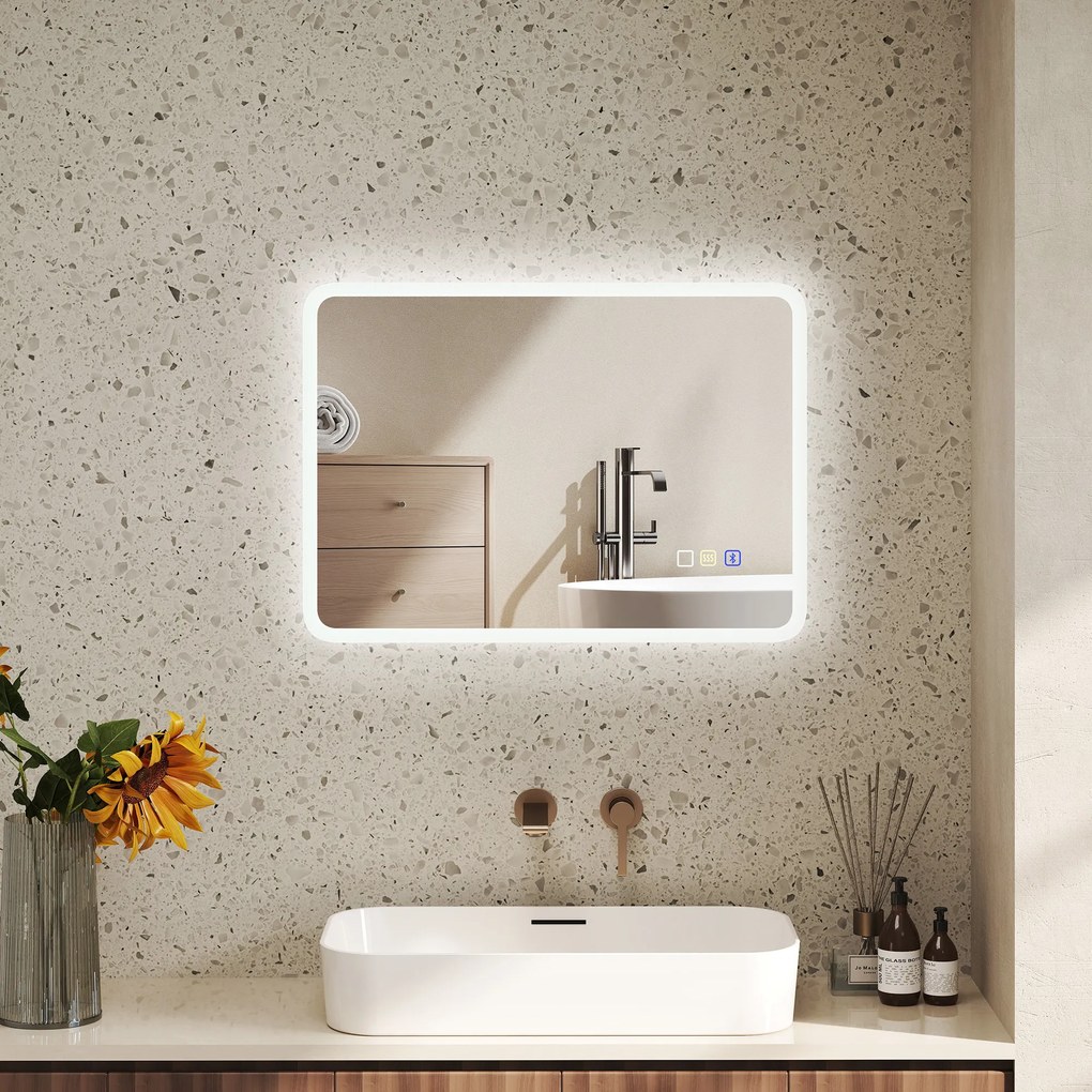 HOMCOM Oglindă pentru baie LED bluetooth 50 x 70 cm comutator tactil lumina reglabilă 3 culori anti-abur memorie argintiu | Aosom Romania