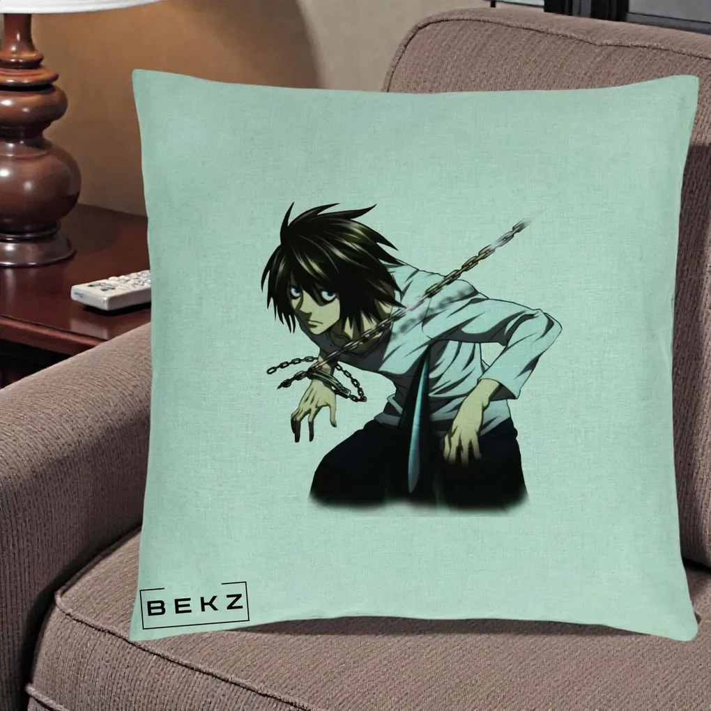 Perna Personalizata Death Note L Lawliet Lanturi, 40x40 cm, Verde Menta, Husa Detasabila, Perna Inclusa, BEKZ®