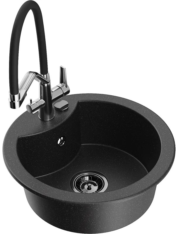 Mexen Diego chiuvetă de bucătărie din granit cu 1 compartiment cu baterie Duo, negru/argintiu metalic - 6512-73-671701-07-B