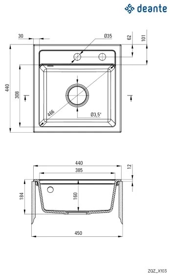 Chiuvetă de bucătărie Deante ZORBA ZQZ_T103, 44 x 44 cm, granit/antracit