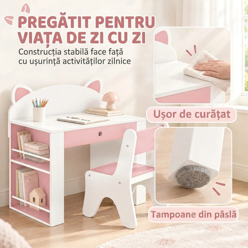 AIYAPLAY Set masă și scaun pentru copii, 3-8 ani, cu bibliotecă laterală, sertar și design vulpiță, alb | Aosom Romania