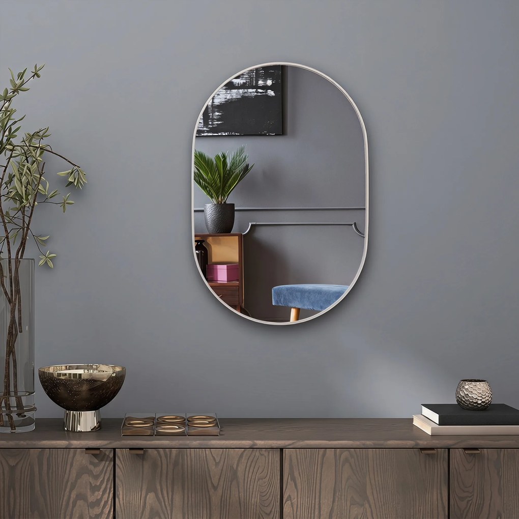 HOMCOM Oglindă Ovală pentru Baie, Oglindă Modernă de Perete cu Rama din Aluminiu și Montaj Vertical sau Orizontal, 60x90 cm, Argintiu | Aosom Romania