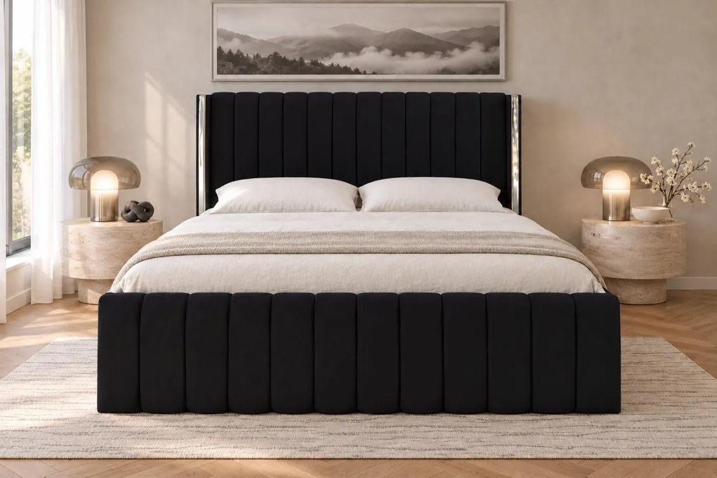 Pat tapițat din catifea Aurelia 120×200 cm, negru, detalii argintii, cu ladă de depozitare